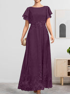 A-Linien-Kleid mit Rundhalsausschnitt, knöchellang, aus Spitze und Chiffon, mit Pailletten besetzt