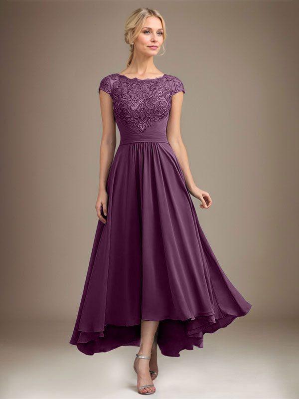 A-Linien-Kleid aus Chiffon mit asymmetrischem, plissiertem Spitzeneinsatz und Illusion-Ausschnitt für die Mutter der Braut 