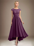 A-Linien-Kleid aus Chiffon mit asymmetrischem, plissiertem Spitzeneinsatz und Illusion-Ausschnitt für die Mutter der Braut 