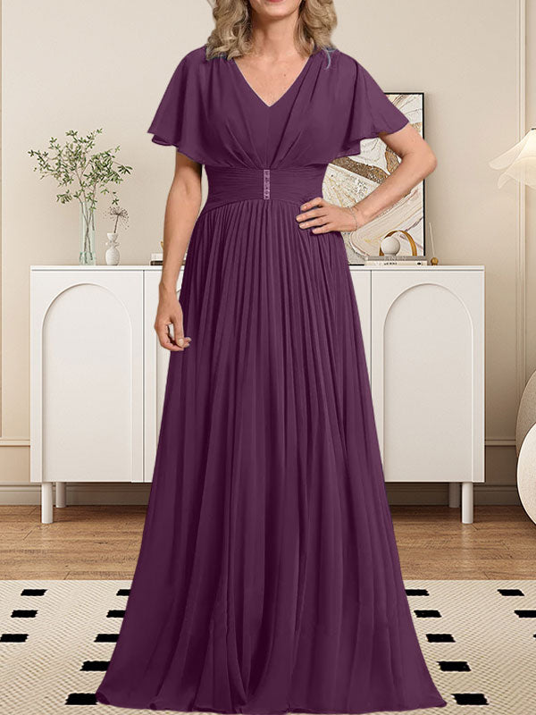 A-Linien-Chiffonkleid mit V-Ausschnitt, bodenlang, für die Mutter der Braut, mit Kristallbrosche und Falten 
