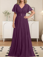 A-Linien-Chiffonkleid mit V-Ausschnitt, bodenlang, für die Mutter der Braut, mit Kristallbrosche und Falten 