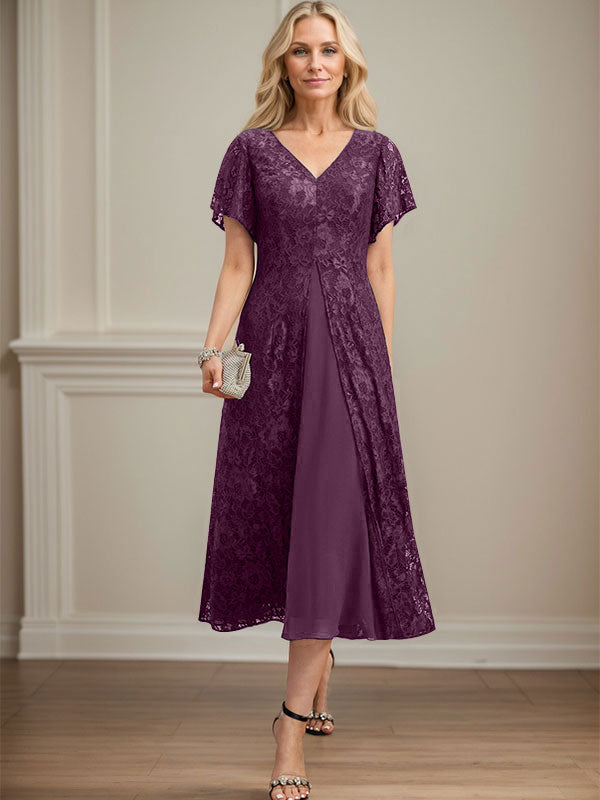 A-Linien-Kleid aus Chiffon mit V-Ausschnitt und Teelänge für die Mutter der Braut 