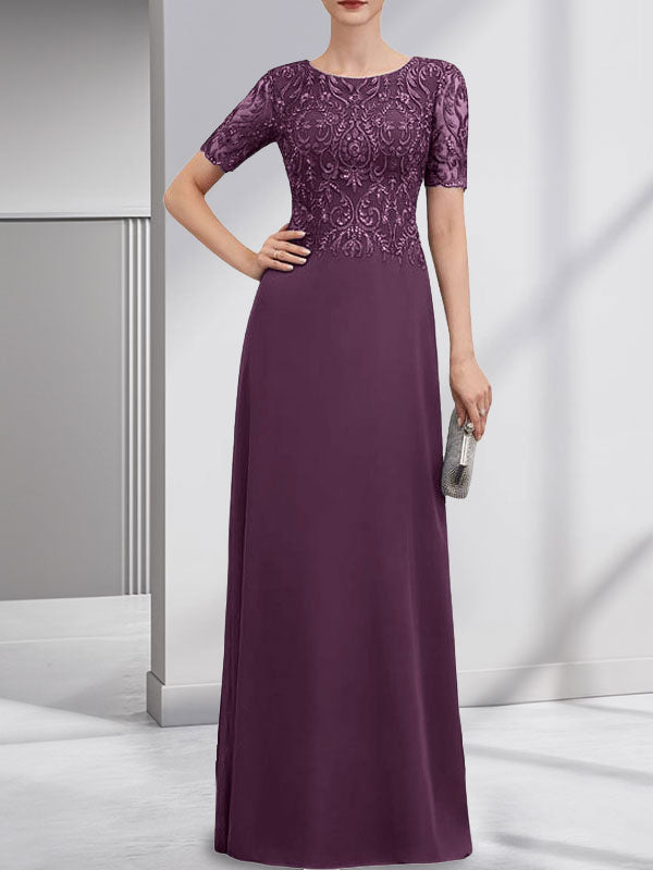 A-Linien-Kleid aus Chiffon mit Pailletten und Rundhalsausschnitt, bodenlang, für die Mutter der Braut