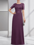 A-Linien-Kleid aus Chiffon mit Pailletten und Rundhalsausschnitt, bodenlang, für die Mutter der Braut
