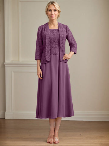 A-Linien-Kleid aus Chiffon mit Rundhalsausschnitt und Teelänge für die Mutter der Braut 