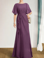 A-Linien-Kleid aus Chiffon in Bodenlänge für die Mutter der Braut mit kaskadenartigen Rüschen, Perlen und Pailletten