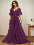A-Linien-Kleid aus Chiffon mit V-Ausschnitt, bodenlang, mit Paillettenapplikationen, Spitze und Falten für die Mutter der Braut 
