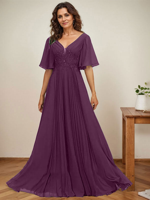 A-Linien-Kleid aus Chiffon mit V-Ausschnitt, bodenlang, mit Paillettenapplikationen, Spitze und Falten für die Mutter der Braut 