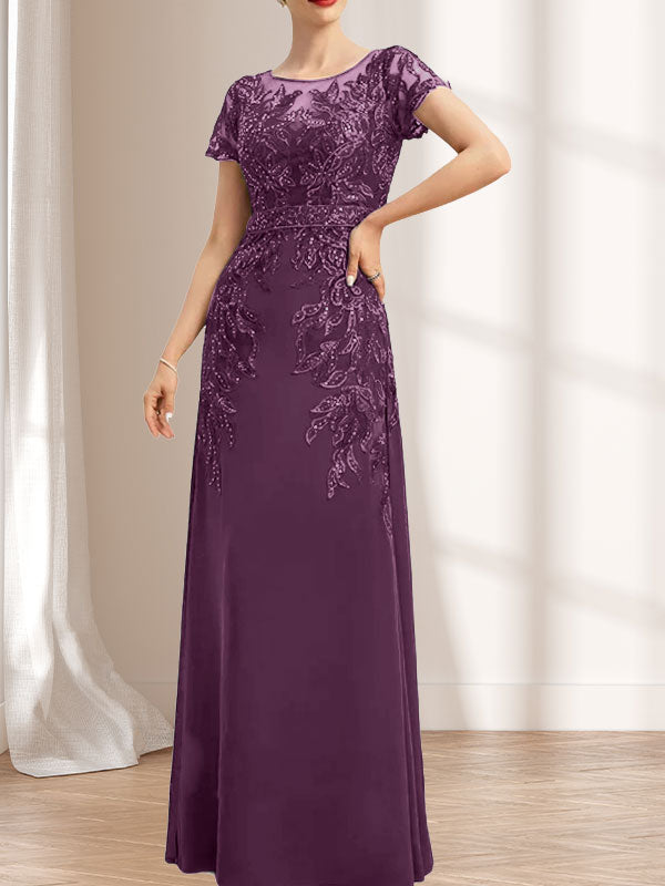 Etuikleid/Säulenkleid mit Illusion-Ausschnitt, bodenlang, aus Chiffon und Spitze mit Pailletten für die Mutter der Braut