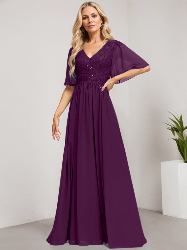 A-Linien-Kleid aus Chiffon mit V-Ausschnitt, bodenlang, mit Pailletten besetzt – ideal für die Mutter der Braut 