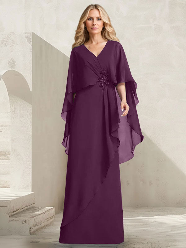 A-Linien-Kleid aus Chiffon mit V-Ausschnitt, bodenlang, mit Kaskadenrüschen und Perlenstickerei für die Mutter der Braut. 