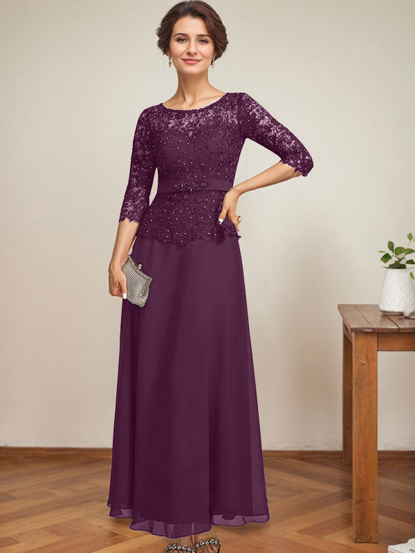 A-Linien-Kleid mit U-Boot-Ausschnitt, Illusion-Detail, knöchellang, aus Chiffon und Spitze mit Strassperlen für die Mutter der Braut. 