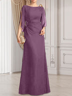 Etui-/Säulen-Chiffonkleid in Bodenlänge für die Mutter der Braut mit plissierter Perlenstickerei