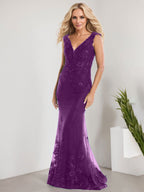Vestido de novia de gasa con encaje, escote en V y largo hasta el suelo, con apliques de lentejuelas, estilo sirena 