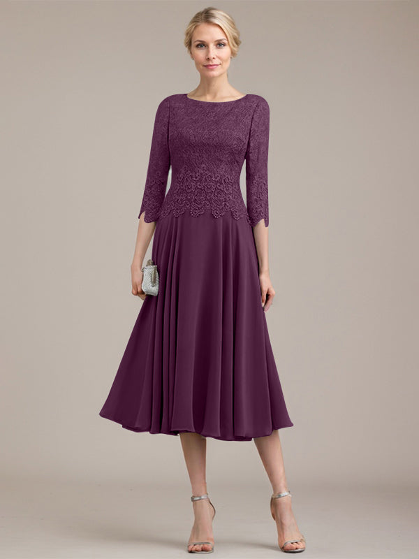 A-Linien-Kleid aus Chiffon mit Rundhalsausschnitt und Teelänge für die Mutter der Braut 