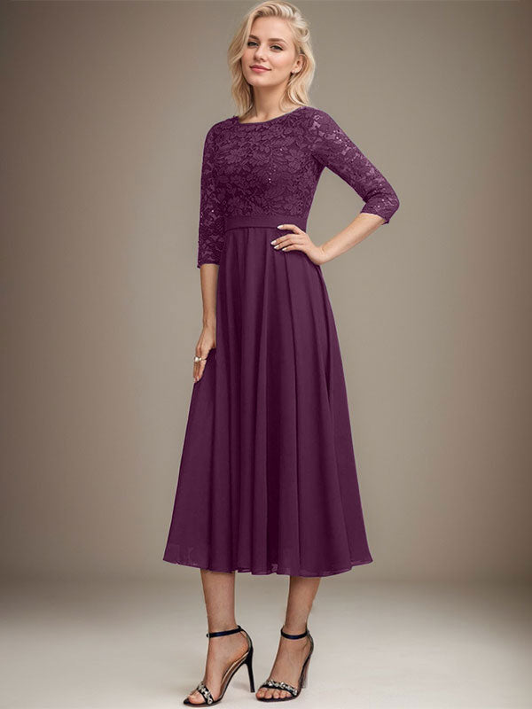 A-Linien-Kleid mit Rundhalsausschnitt, Teelänge, Spitze, Chiffon, Pailletten, für die Mutter der Braut