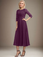 A-Linien-Kleid mit Rundhalsausschnitt, Teelänge, Spitze, Chiffon, Pailletten, für die Mutter der Braut