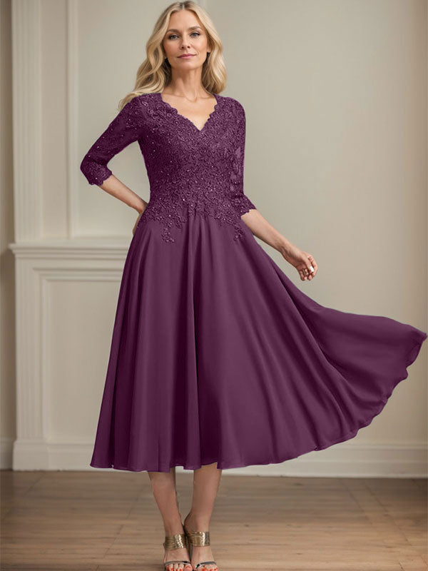 A-Linien-Kleid aus Chiffonspitze mit V-Ausschnitt, Teelänge, Perlen- und Paillettenstickerei für die Mutter der Braut 