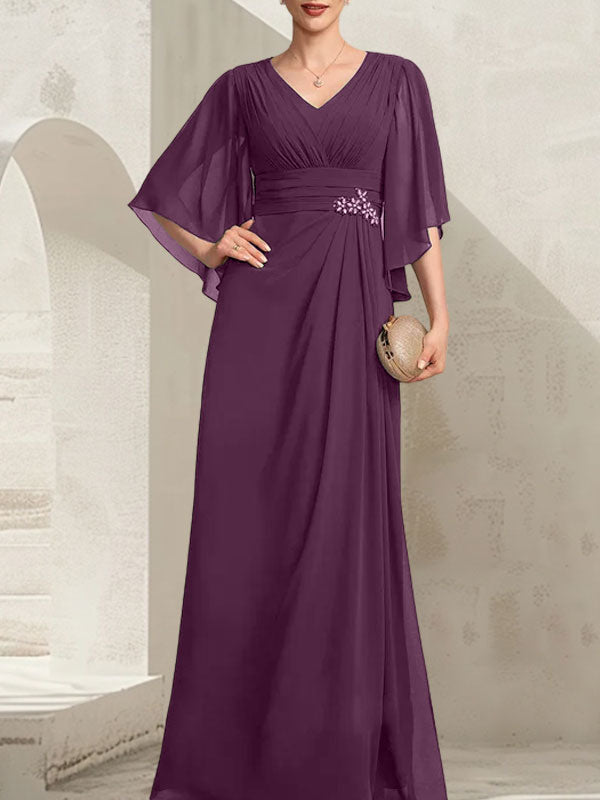 Vestido de gasa para madre de la novia, con escote en V, largo hasta el suelo, con lentejuelas plisadas y abalorios.