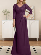 Etuikleid/Säulenkleid mit V-Ausschnitt, Illusion-Detail, bodenlang, aus Chiffonspitze und plissierten Pailletten für die Mutter der Braut 