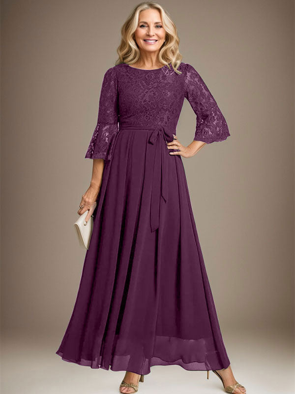 Vestido de gasa con encaje y lazo para madre de la novia, corte A, escote redondo hasta los tobillos