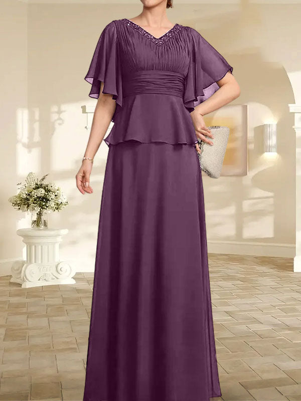 Vestido de gasa para madre de la novia, corte A, escote en V, largo hasta el suelo, con cuentas plisadas