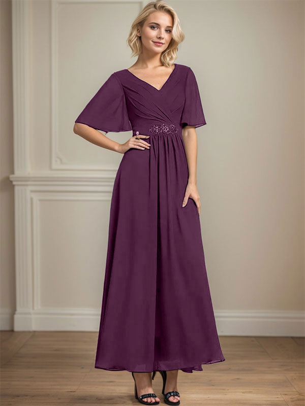 A-Linien-Chiffonkleid mit V-Ausschnitt, Knöchellänge, plissierten Pailletten und Perlenstickerei für die Mutter der Braut