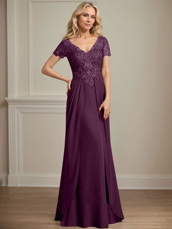 Vestido de gasa con encaje y escote en V hasta el suelo para madre de la novia
