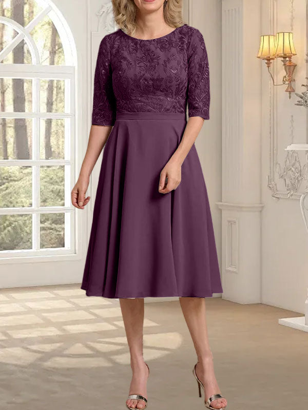 A-Linien-Kleid aus Chiffon mit Rundhalsausschnitt und knielangem Schnitt – das perfekte Kleid für die Mutter der Braut