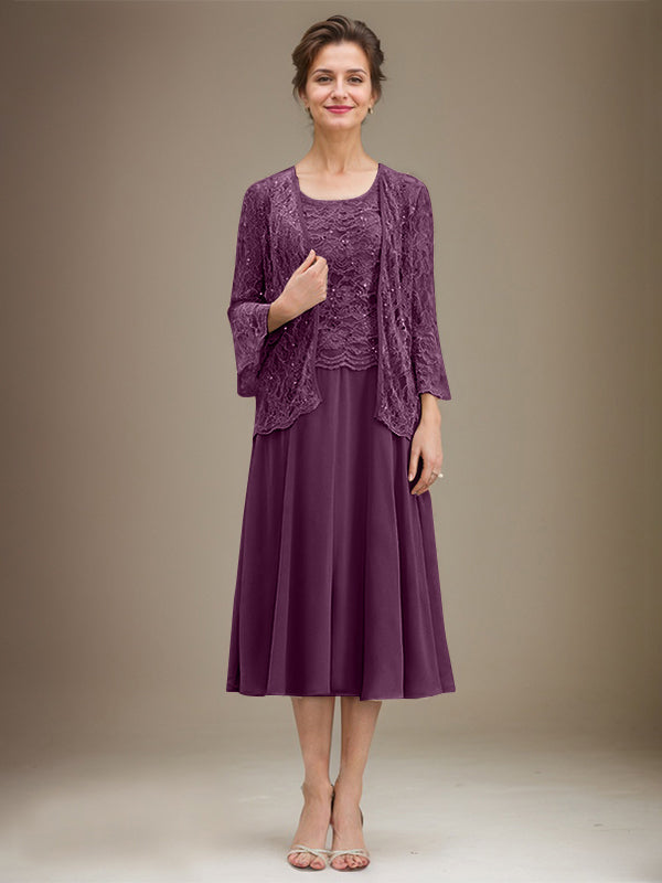 Vestido de gasa con encaje y lentejuelas para madre de la novia, corte A, escote redondo y largo hasta la rodilla 