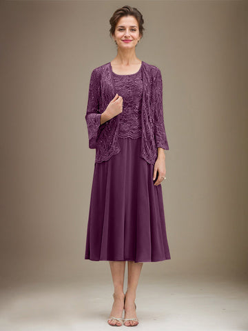 A-Linien-Kleid mit Rundhalsausschnitt, Teelänge, Spitze, Chiffon, Pailletten, für die Mutter der Braut 