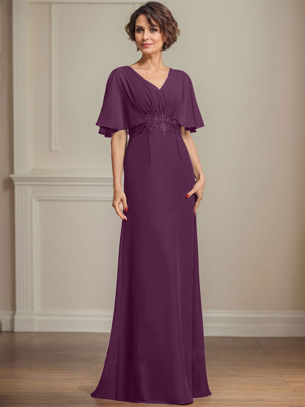 Vestido de gasa para madre de la novia, corte A, escote en V, largo hasta el suelo, con apliques de lentejuelas plisadas y encaje