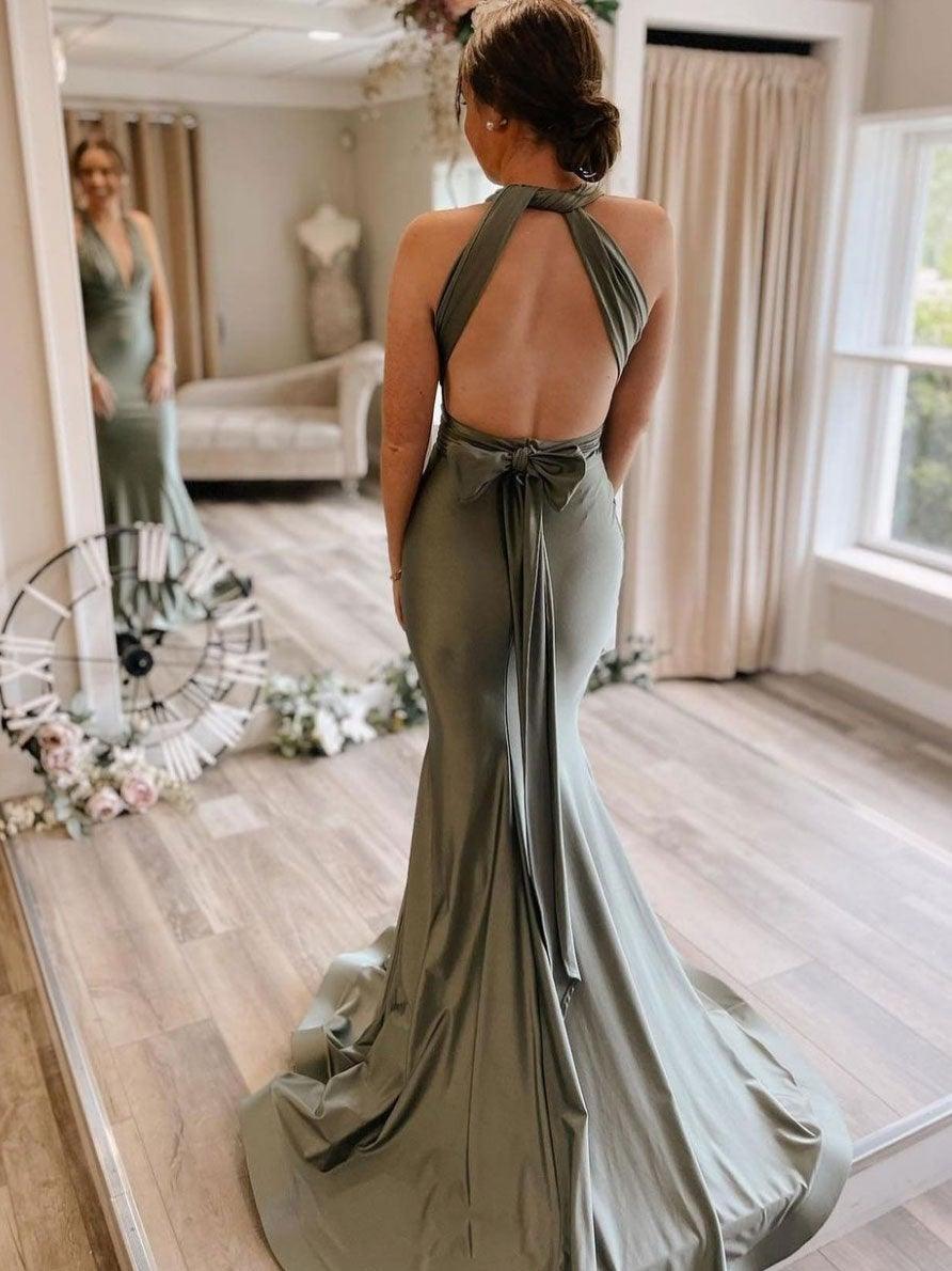 Gray Green Satin Mermaid Bridesmaid Dresses With Sweep Train