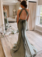 Gray Green Satin Mermaid Bridesmaid Dresses With Sweep Train