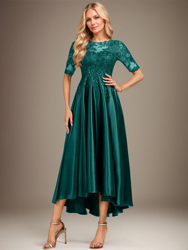 Vestido de madre de la novia de encaje satinado elástico asimétrico con ilusión de escote en A y lentejuelas 