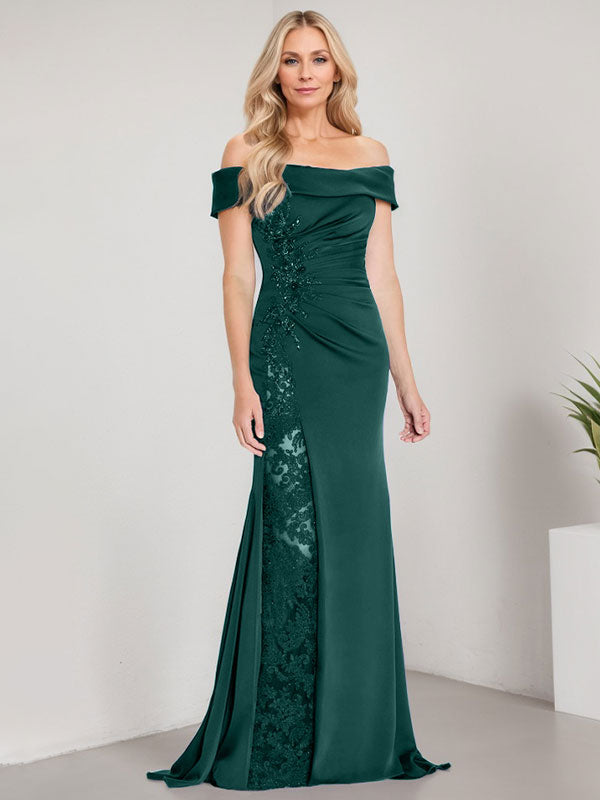 Vestido de sirena con escote en A, hombros descubiertos y largo hasta el suelo para madre de la novia, apliques y cuentas, con abertura alta 