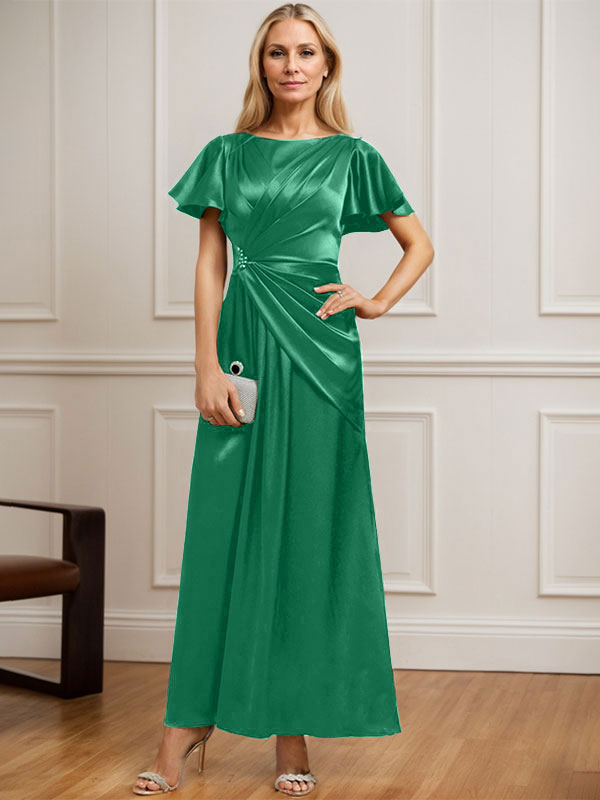 Vestido de madre de la novia de satén elástico con escote redondo y largo hasta los tobillos, corte en A y cuentas plisadas 