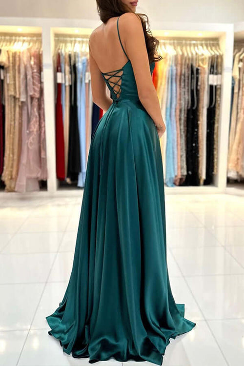 A-line Square Neck Simple Prom Dresses With Slit, Party Dresses