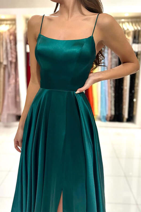 A-line Square Neck Simple Prom Dresses With Slit, Party Dresses