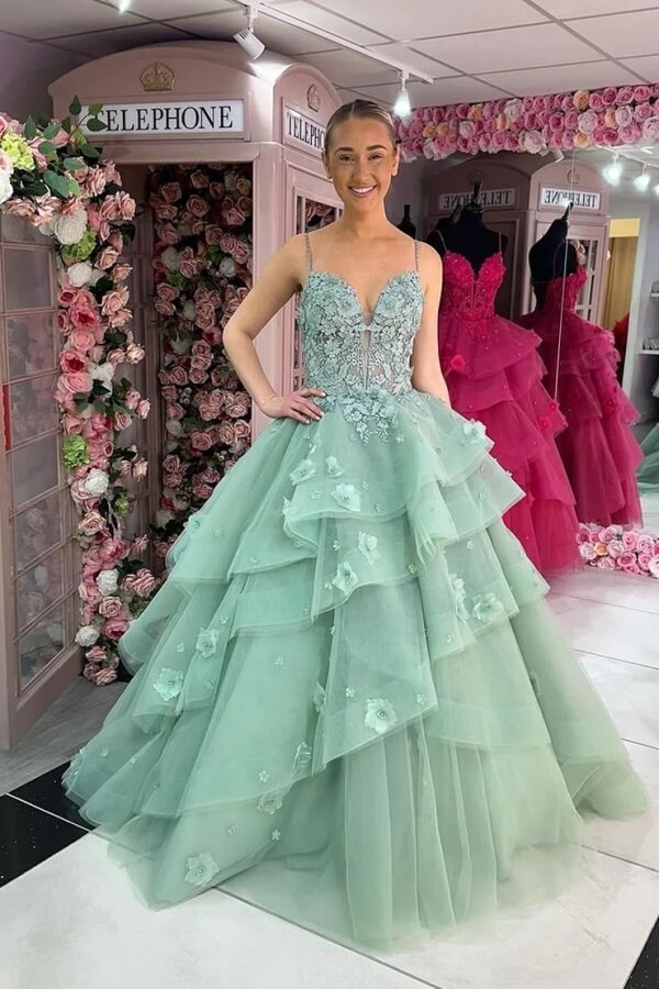 Vestidos de fiesta con volantes escalonados, escote corazón, con apliques, color verde