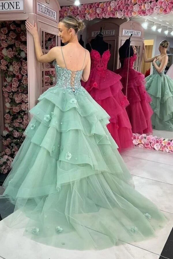Vestidos de fiesta con volantes escalonados, escote corazón, con apliques, color verde