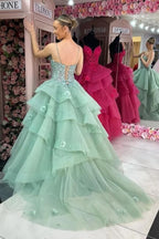 Vestidos de fiesta con volantes escalonados, escote corazón, con apliques, color verde