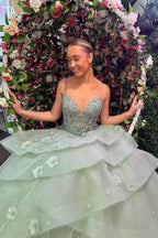 Vestidos de fiesta con volantes escalonados, escote corazón, con apliques, color verde