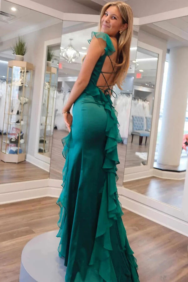 Chiffon Mermaid Square Neck Ruffled Prom Dresses With Slit