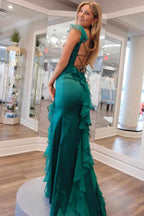 Chiffon Mermaid Square Neck Ruffled Prom Dresses With Slit