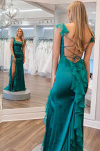 Chiffon Mermaid Square Neck Ruffled Prom Dresses With Slit