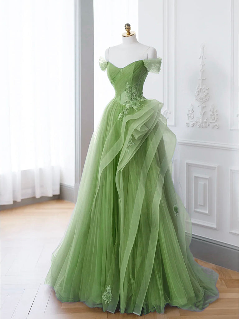 Langes, schulterfreies A-Linien-Abendkleid aus Spitze
