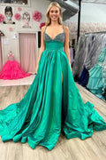 Satin A-Linie V-Ausschnitt Perlenbesetztes Spaghettiträger Ballkleid Mit Schlitz