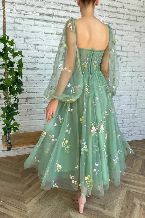 Vestidos de Fiesta de Tul con Escote Corazón, Corte en A, Largo Midi y Bordado