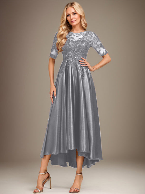 Vestido de madre de la novia de encaje satinado elástico asimétrico con ilusión de escote en A y lentejuelas 